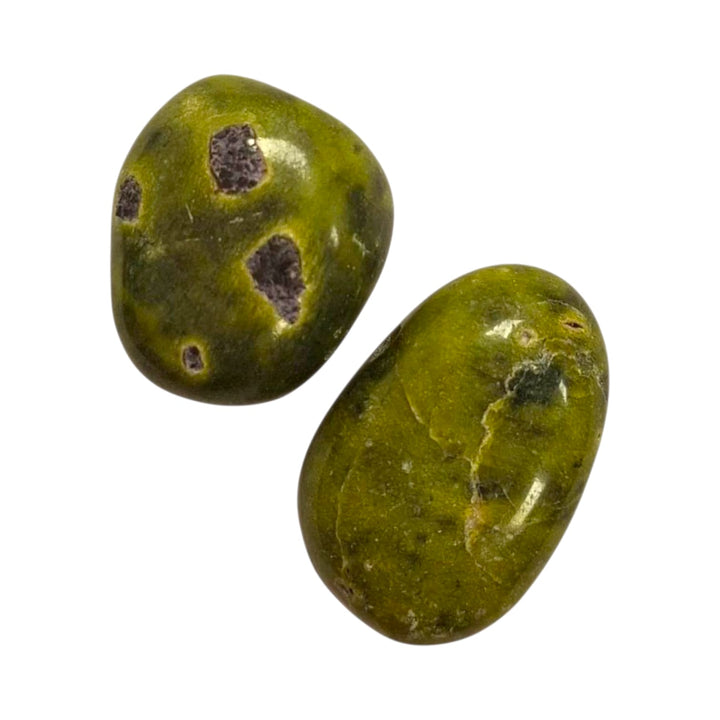 Atlantisite drilled tumble stone pendant on a black cord – green and purple healing crystal for heart energy, protection and past-life insight