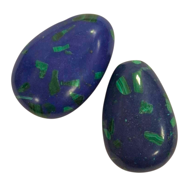 Azurite in Malachite drilled tumble stone pendant on a black cord – vivid blue and green crystal for intuition, heart healing and energetic balance