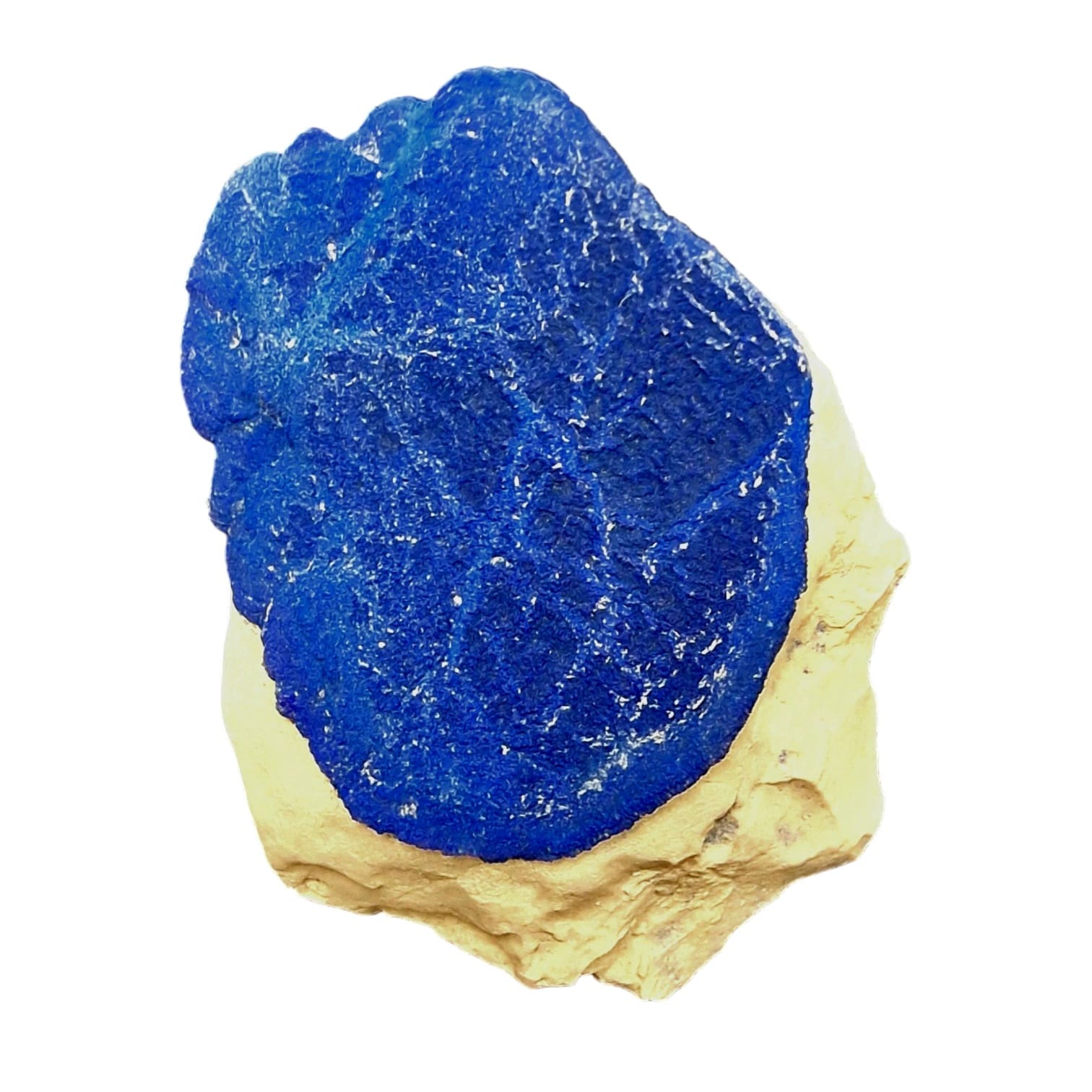 GeoFossils Azurite Sun – a rare, circular deep blue crystal formation from the Malbunka Copper Mine, Australia, with radiant patterns resembling the sun. Associated with the Third Eye and Throat Chakras, intuition, spiritual insight, and communication.