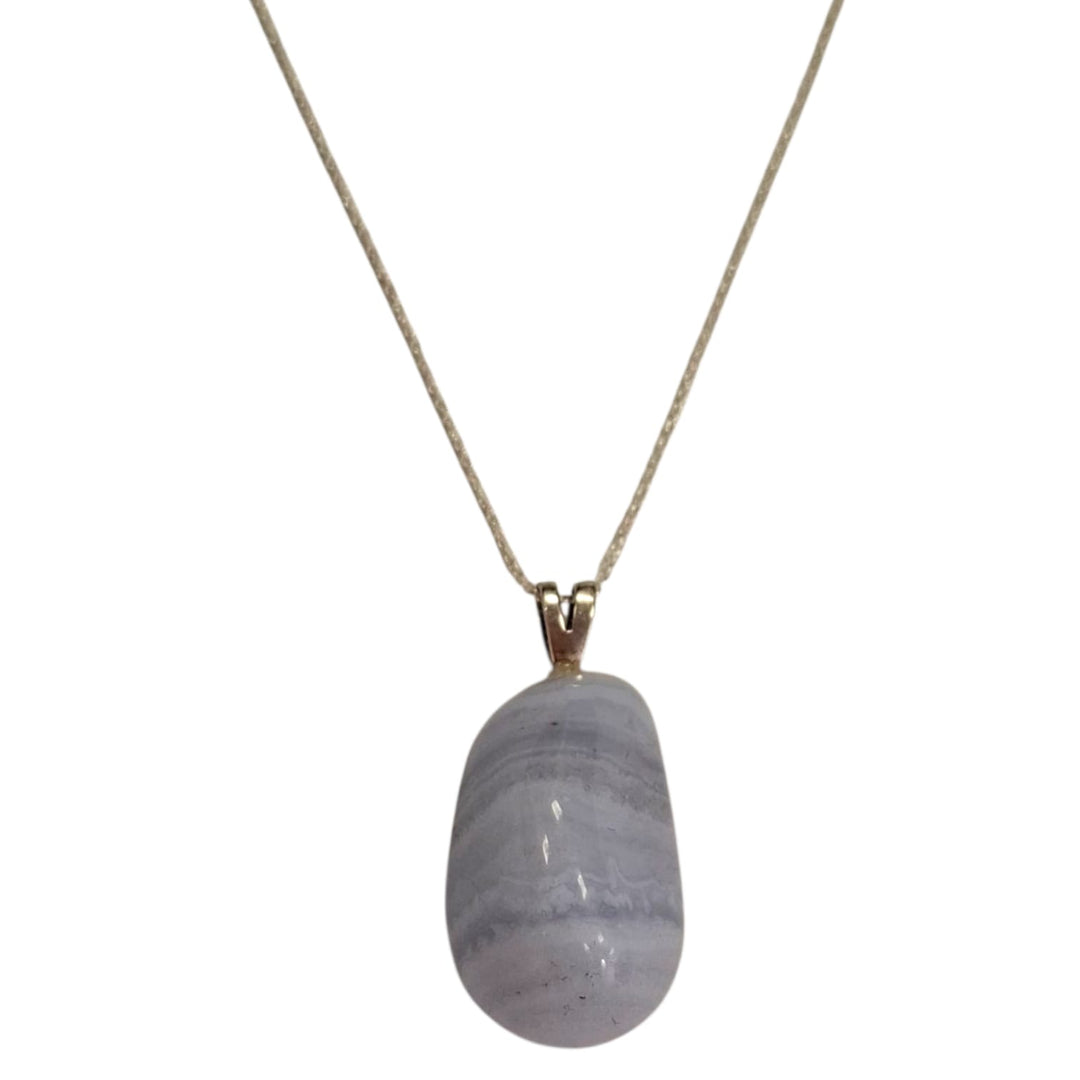 Blue Lace Agate pendant with sterling silver hallmarked setting – calming throat chakra crystal with optional chain, ideal for pairing with Selenite bowl