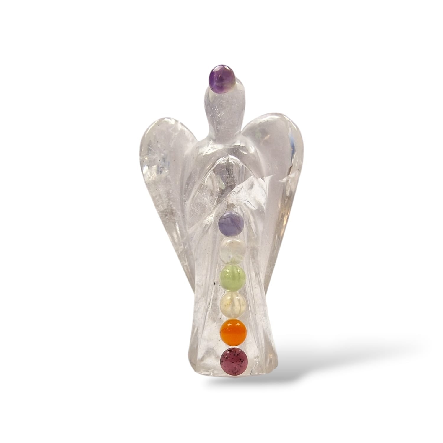 GeoFossils Crystal Quartz 50mm Angel adorned with seven chakra gemstones: Garnet (Root Chakra), Carnelian (Sacral Chakra), Citrine (Solar Plexus Chakra), Peridot (Heart Chakra), Rainbow Moonstone (Throat Chakra), Iolite (Third Eye Chakra), and Amethyst (Crown Chakra). A beautiful spiritual tool for chakra balancing, healing, and energy amplification.