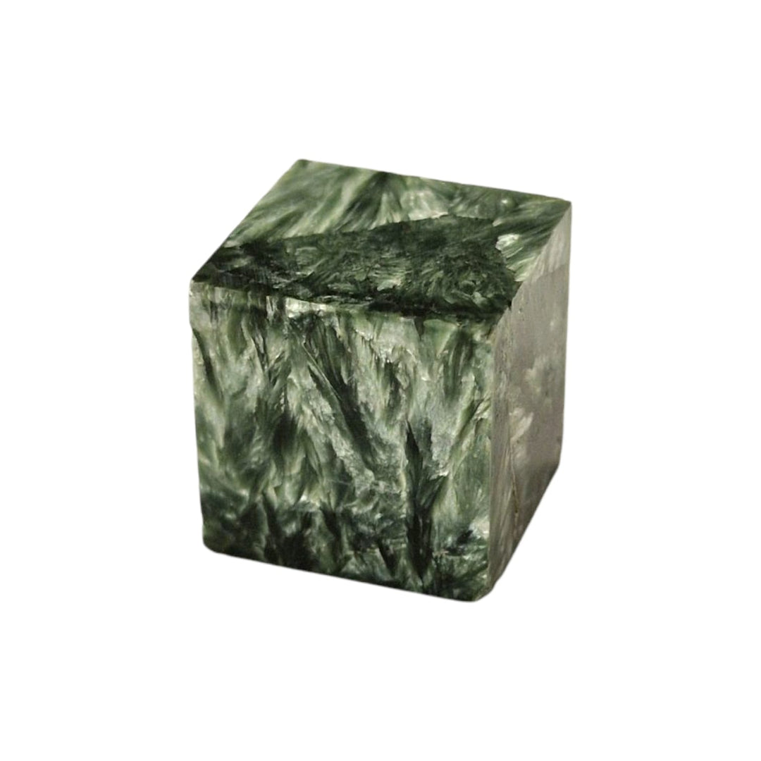 GeoFossils Seraphinite Cube, a silver-green crystal carved into a cube for heart healing, angelic connection, and spiritual growth.