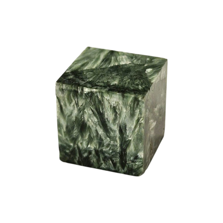 GeoFossils Seraphinite Cube, a silver-green crystal carved into a cube for heart healing, angelic connection, and spiritual growth.
