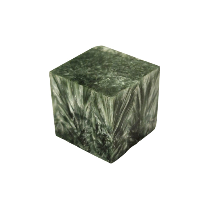 GeoFossils Seraphinite Cube, a silver-green crystal carved into a cube for heart healing, angelic connection, and spiritual growth.