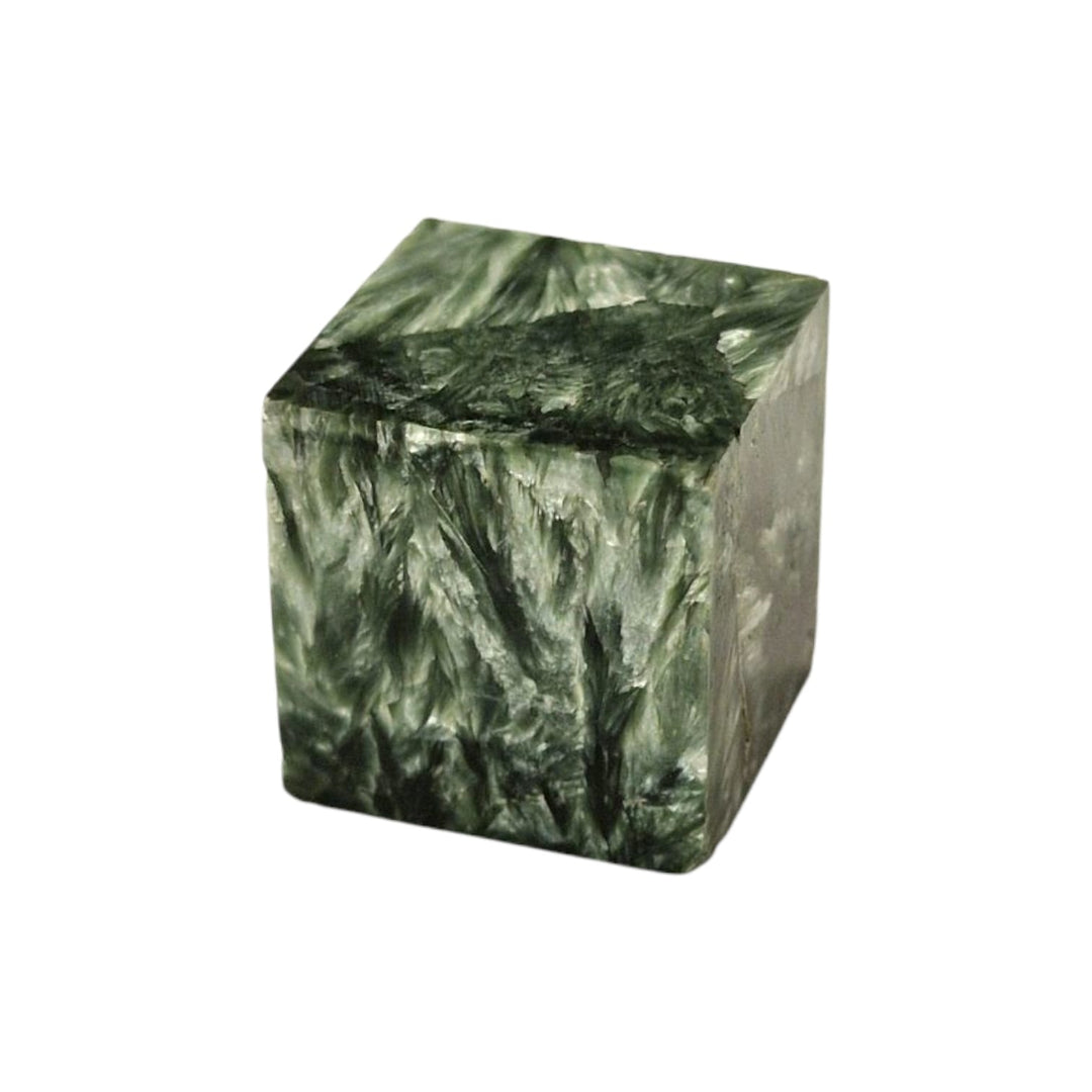 GeoFossils Seraphinite Cube, a silver-green crystal carved into a cube for heart healing, angelic connection, and spiritual growth.