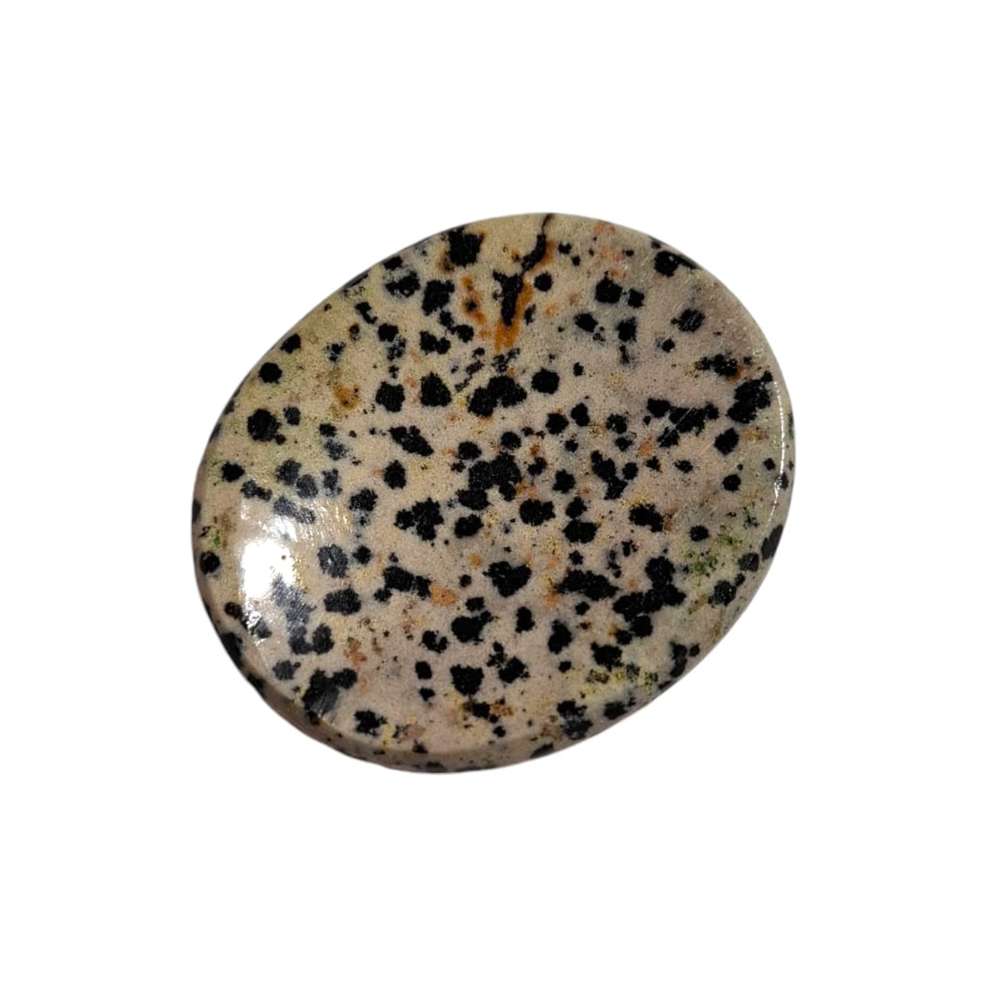 GeoFossils Dalmatian Stone Worry Stone – cream feldspar with black and brown spots – grounding, joy, and protection crystal – handmade in the UK.