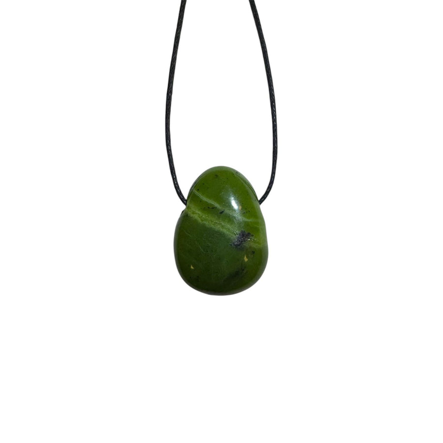 Nephrite Jade drilled tumble stone pendant with black cotton cord – polished crystal for healing, protection, and everyday wear