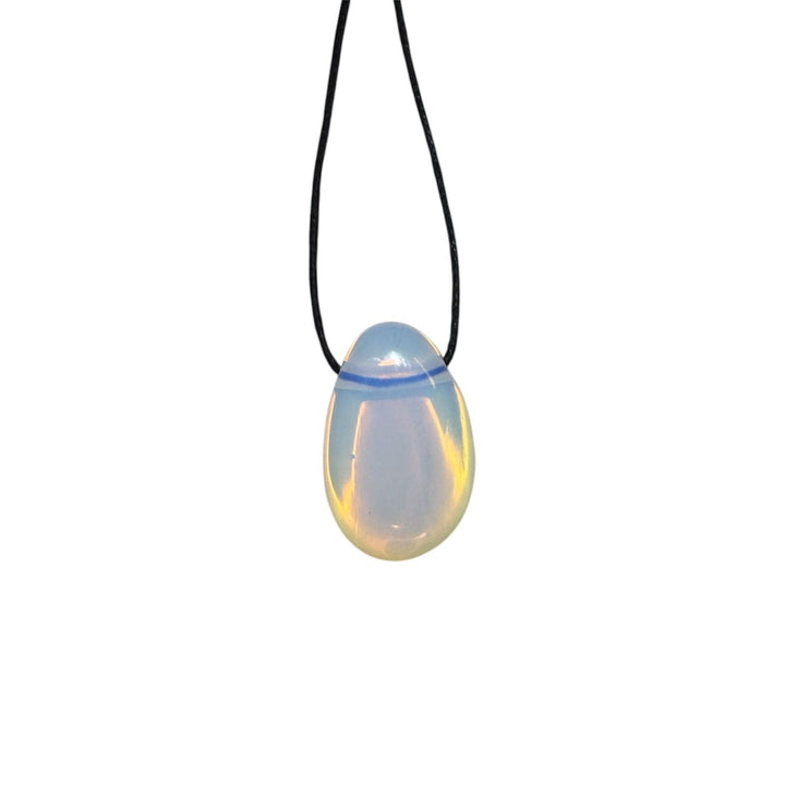 Opalite drilled tumble stone pendant with black cotton cord – luminous synthetic crystal for clarity, energy balance, and everyday wear