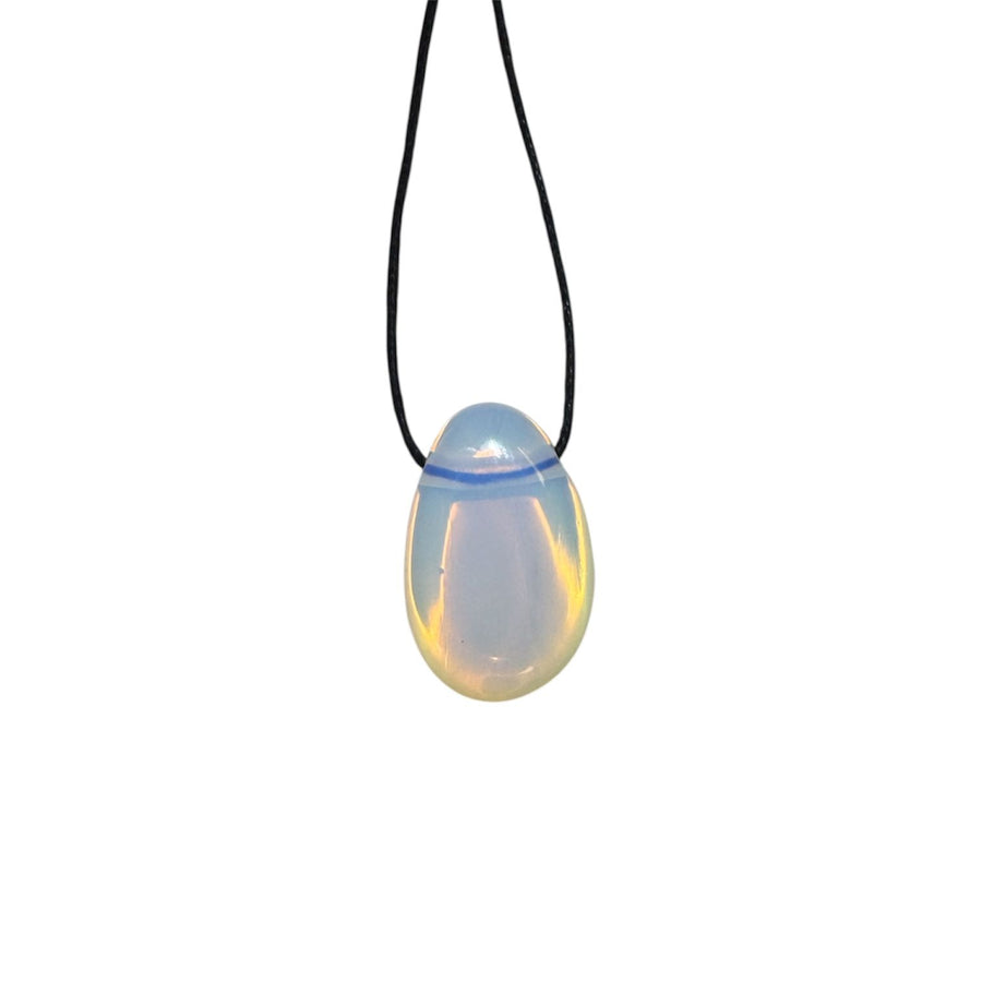 Opalite drilled tumble stone pendant with black cotton cord – luminous synthetic crystal for clarity, energy balance, and everyday wear