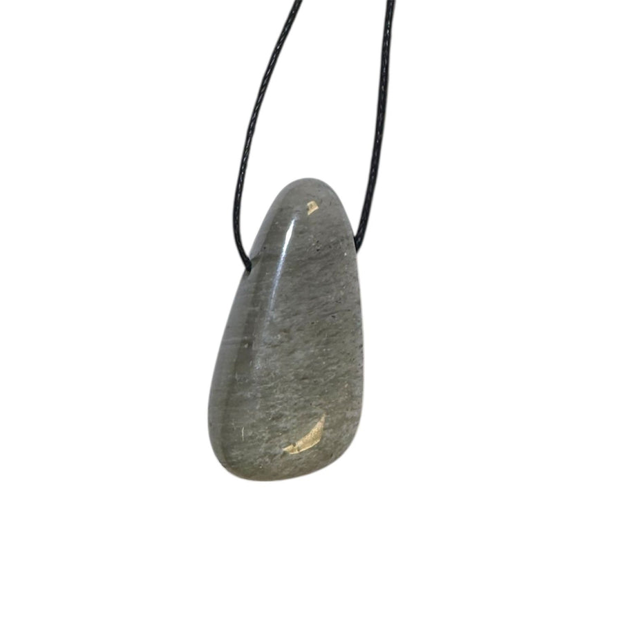 Phantom Quartz drilled tumble stone pendant with black cotton cord – polished crystal with unique phantom inclusions for transformation and grounding