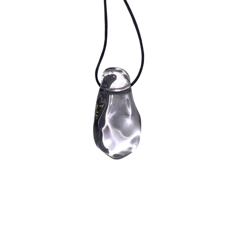 Prasiolite drilled tumble stone pendant with black cotton cord – polished pale green crystal for spiritual growth, clarity, and everyday wear