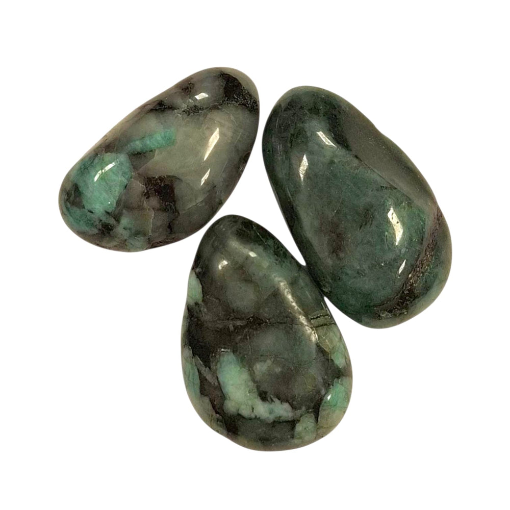 GeoFossils Emerald Drilled Tumble Stone – deep green crystal with horizontal drill hole for emotional healing, abundance and heart wisdom

