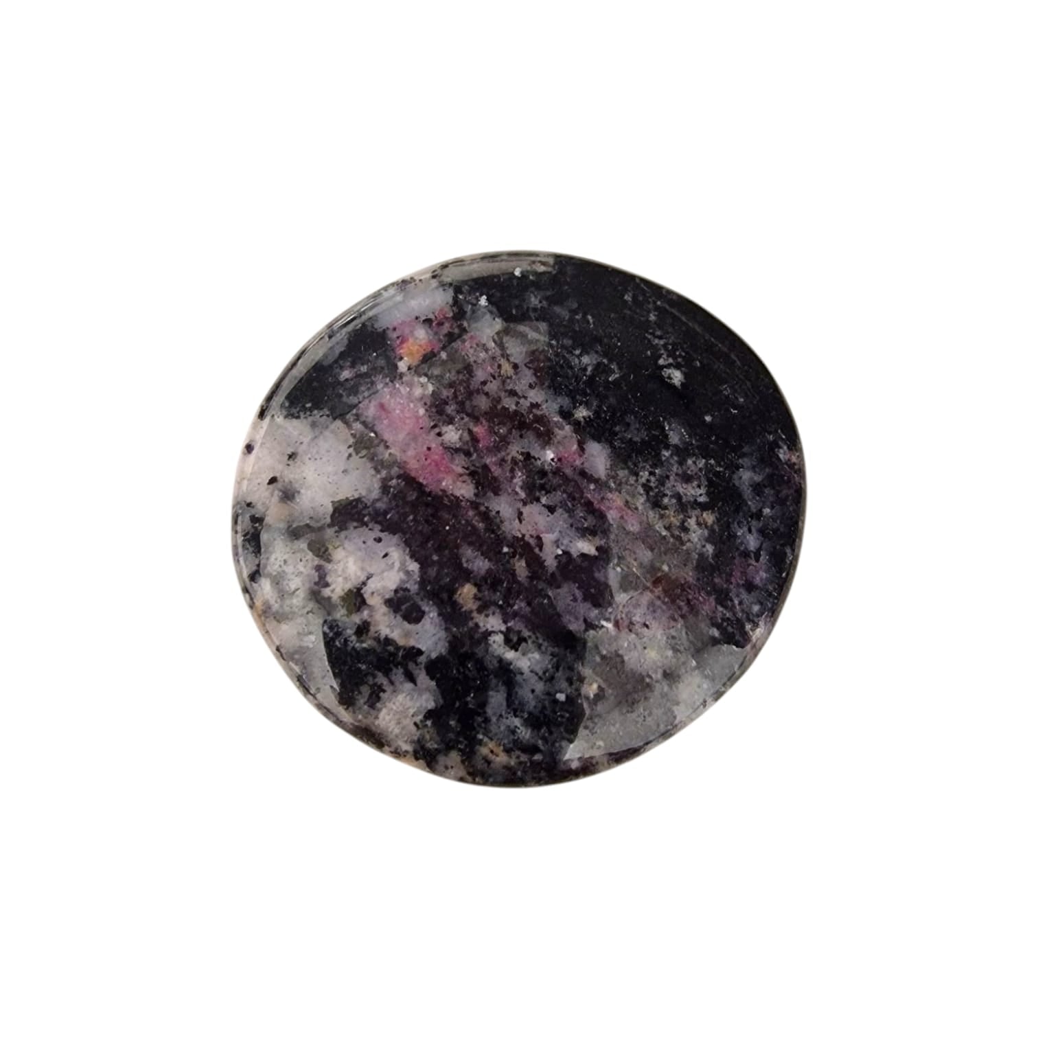 GeoFossils Eudialyte Medium Oval, a vibrant crystal with deep red and black patterns, known for passion, emotional healing, and self-empowerment.