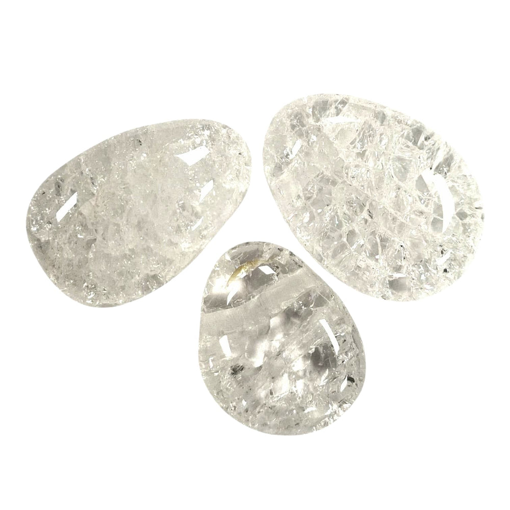 GeoFossils Fire and Ice Quartz Drilled Tumble Stone – clear quartz with internal crackle effect and horizontal drill hole for transformation and energy activation

