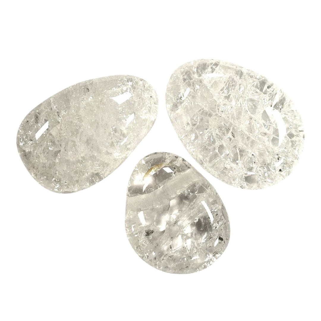 GeoFossils Fire and Ice Quartz Drilled Tumble Stone – clear quartz with internal crackle effect and horizontal drill hole for transformation and energy activation

