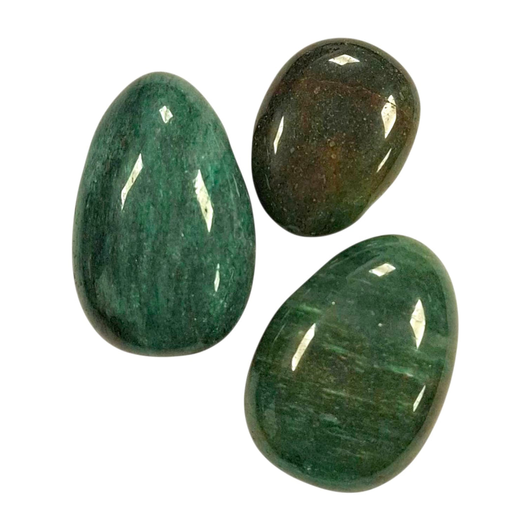 GeoFossils Fuchsite Drilled Tumble Stones – sparkling green mica crystal with horizontal drill hole for emotional healing, heart wisdom and self-worth