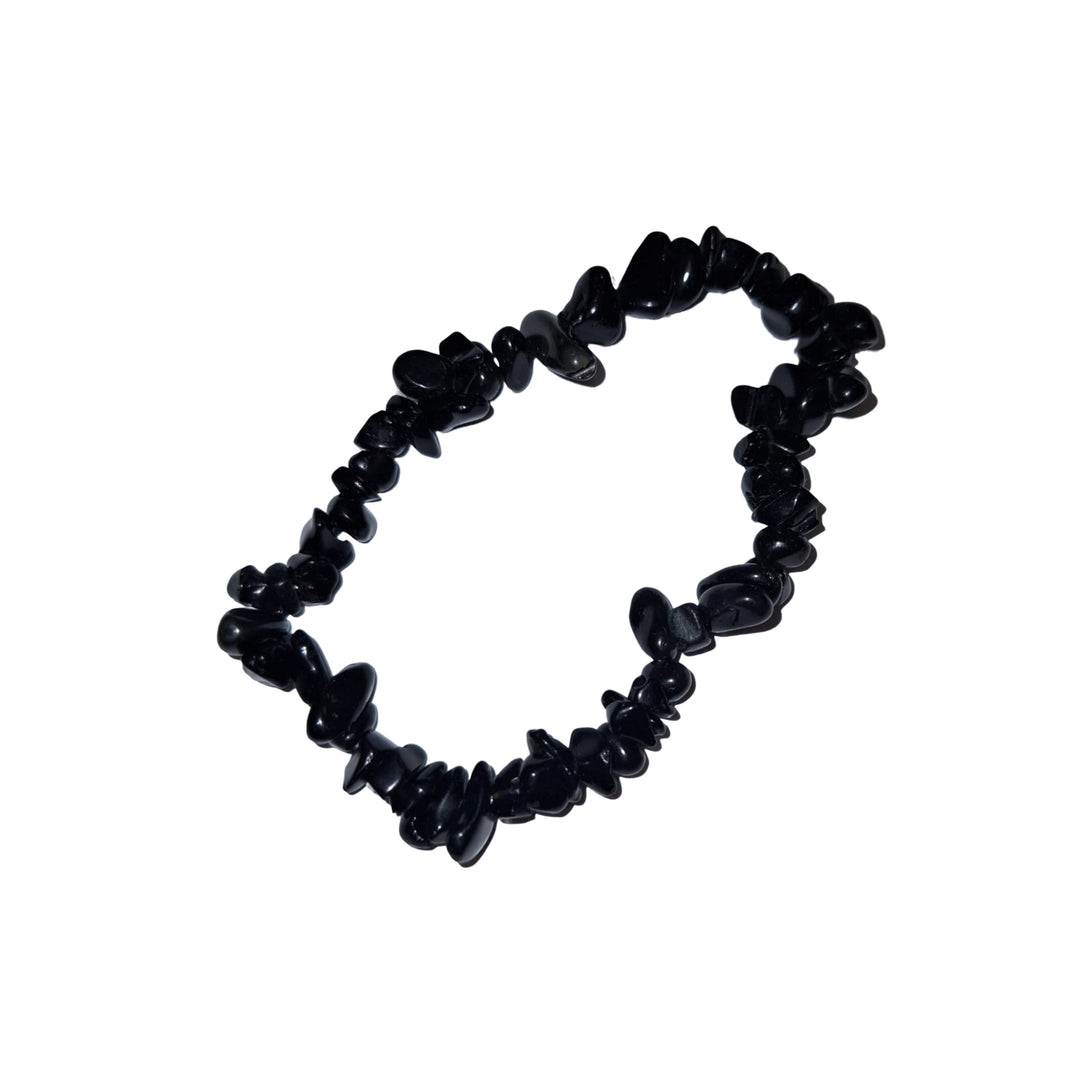 GeoFossils: Black Obsidian Gem Chip Bracelet with glossy black crystal chips on elastic cord – protective and grounding bracelet for emotional clearing and energetic shielding