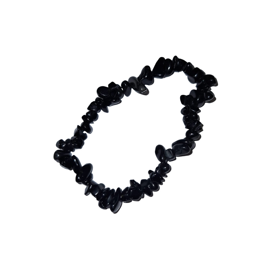 GeoFossils: Black Obsidian Gem Chip Bracelet with glossy black crystal chips on elastic cord – protective and grounding bracelet for emotional clearing and energetic shielding