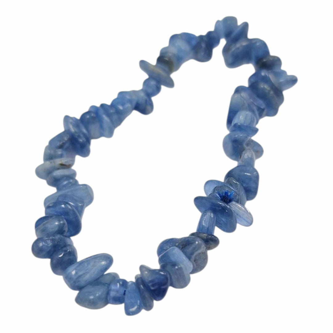 GeoFossils: Blue Kyanite Gem Chip Bracelet with shimmering silvery-blue crystal chips on elastic cord – for energy alignment, communication, and high vibrational clarity