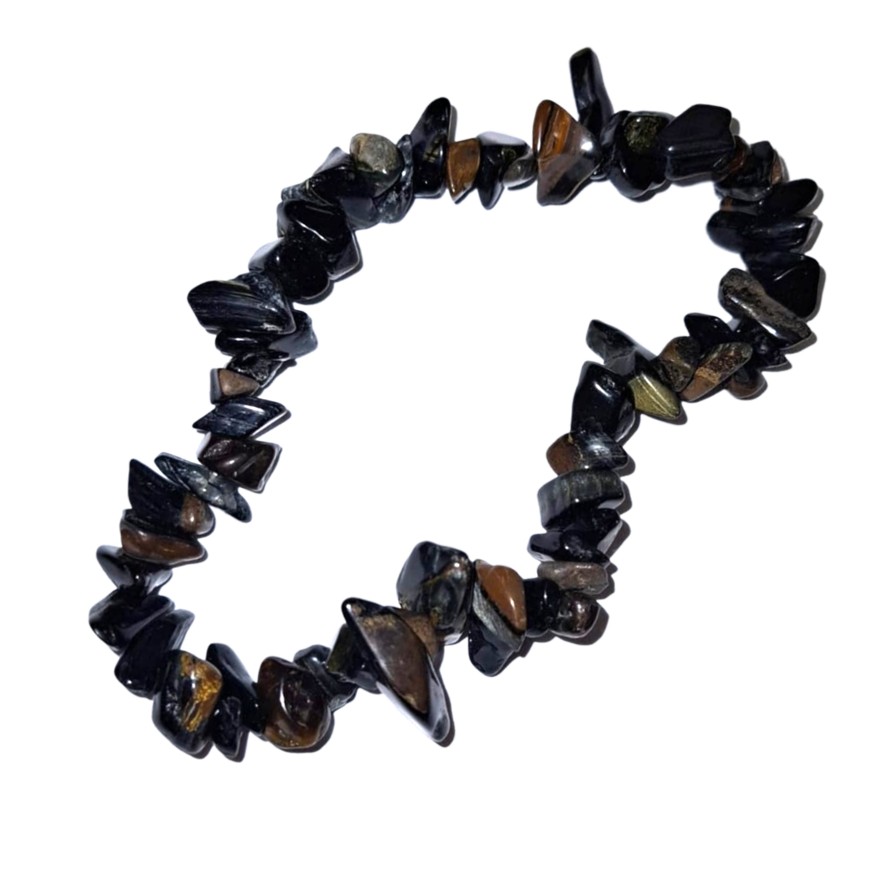 GeoFossils: Blue Tiger’s Eye Gem Chip Bracelet with dark blue chatoyant crystal chips on elastic cord – calming, protective bracelet for insight and mental focus