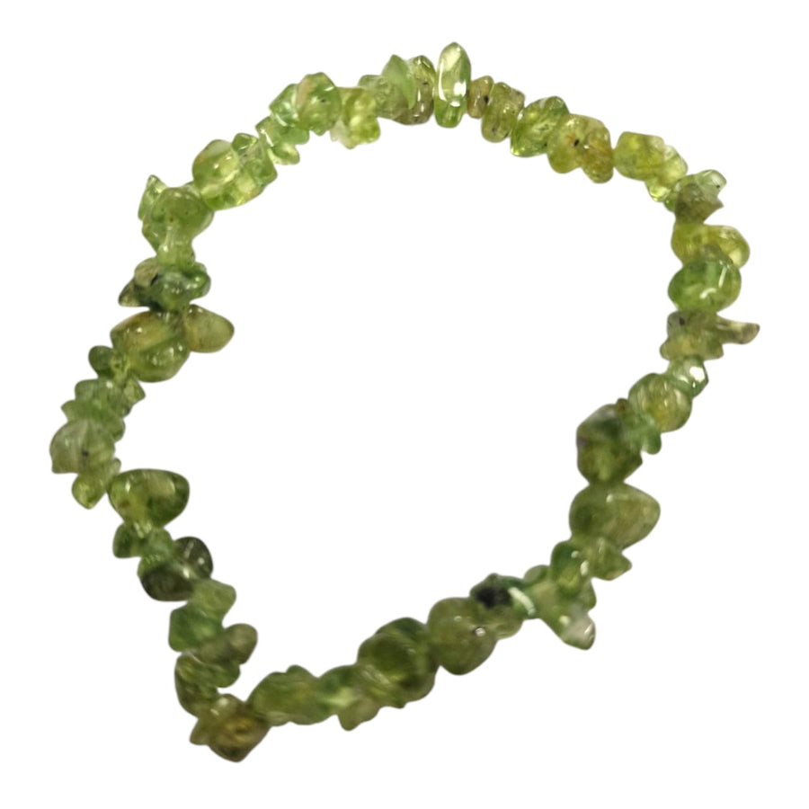 GeoFossils: Peridot Gem Chip Bracelet with natural olive-green crystal chips on elastic cord – a joyful, healing bracelet for abundance and heart renewal