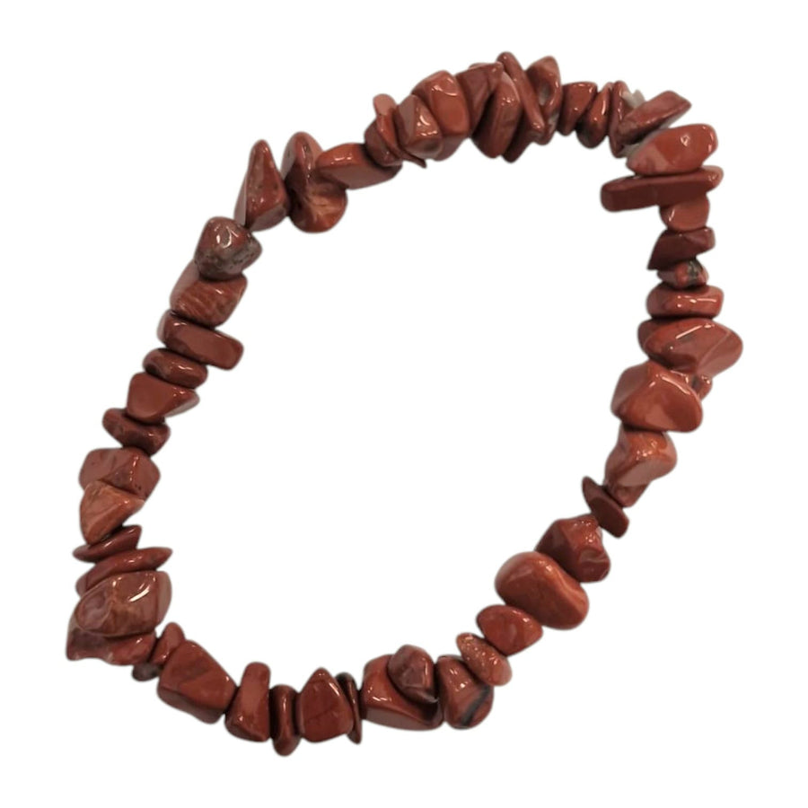 GeoFossils: Red Jasper Gem Chip Bracelet with deep red crystal chips on elastic cord – grounding and strengthening bracelet for vitality and emotional balance