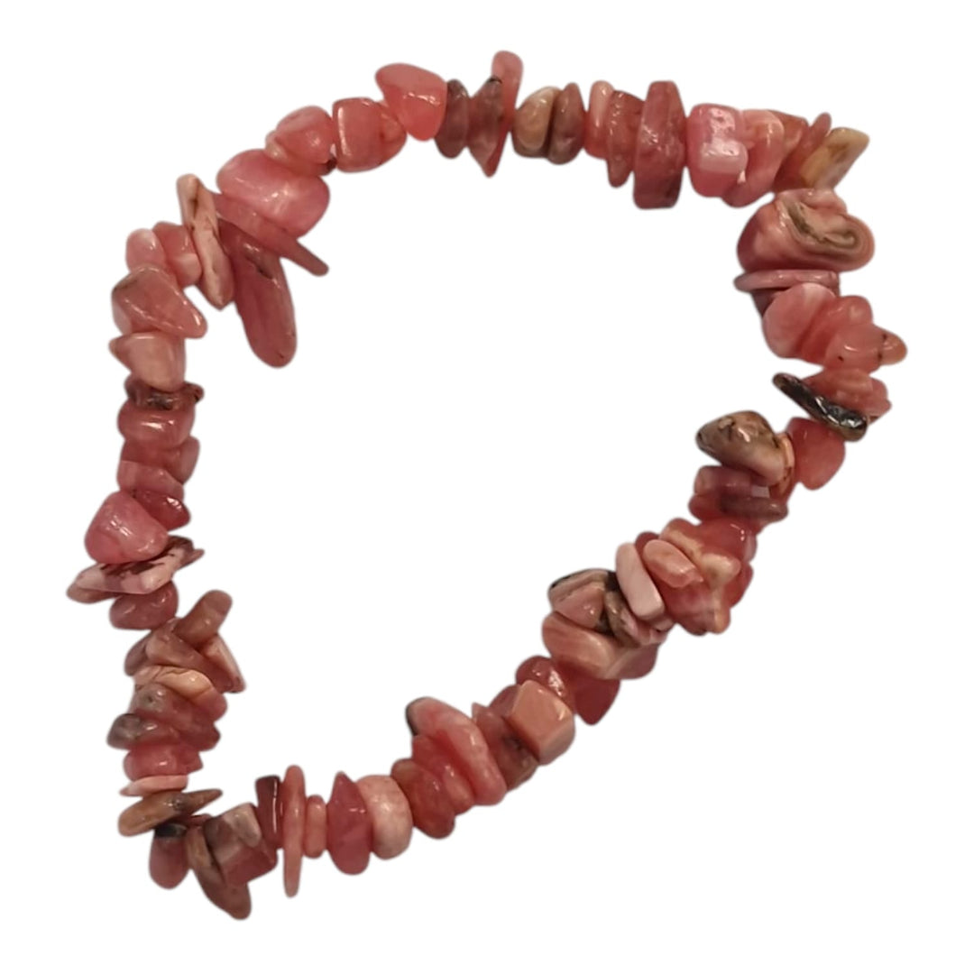 GeoFossils: Rhodochrosite Gem Chip Bracelet with soft pink and rose crystal chips on elastic cord – a loving and heart-healing crystal bracelet for emotional support