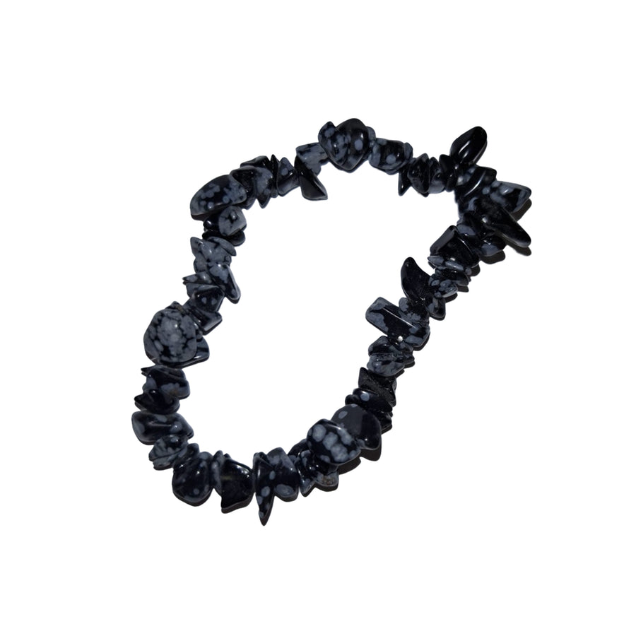 GeoFossils: Snowflake Obsidian Gem Chip Bracelet with black and white-speckled crystal chips on elastic cord – grounding and protective bracelet for emotional clarity and balance