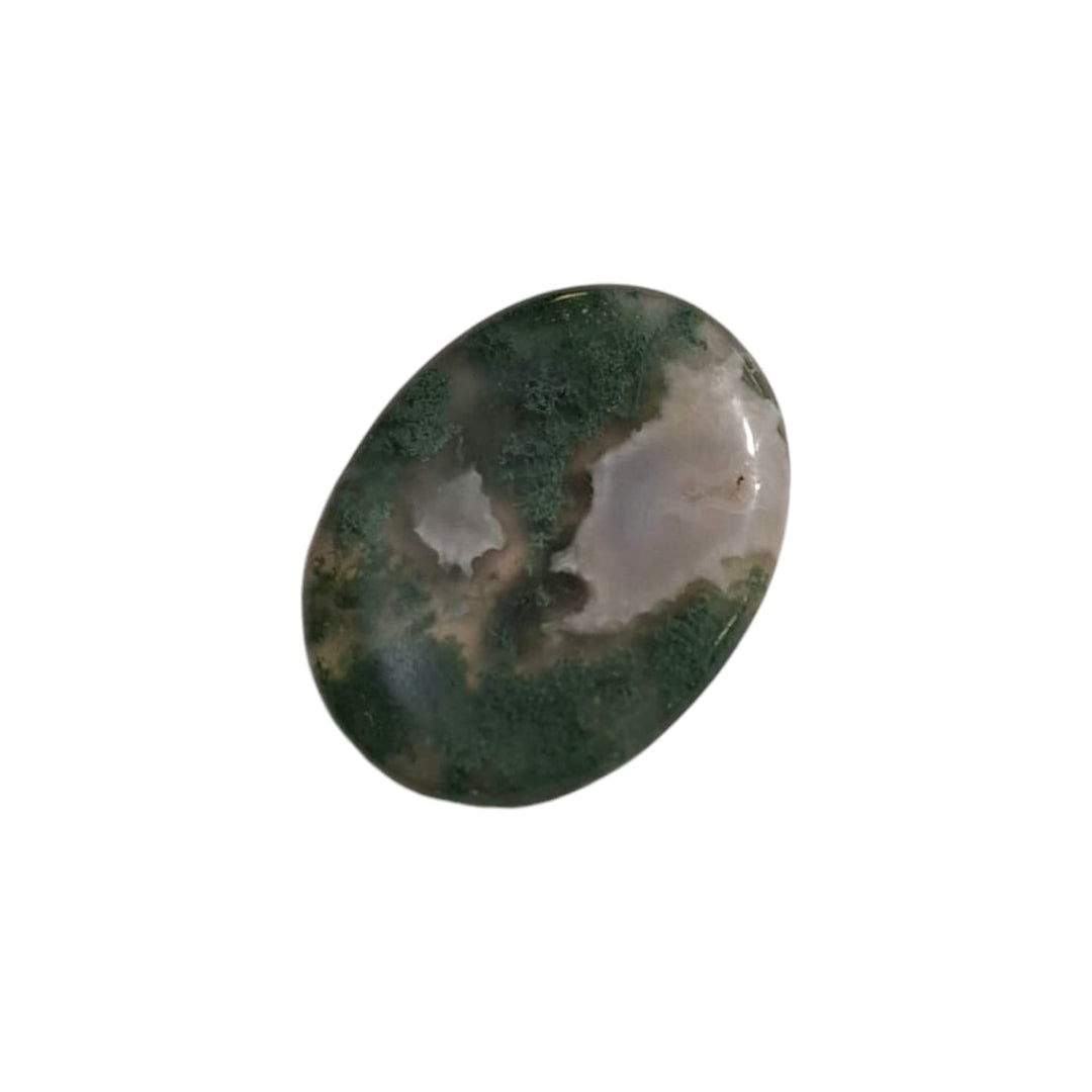 Green Moss Agate Worry Stone by GeoFossils – smooth, oval green stone with earthy inclusions, perfect for grounding, emotional balance, and connecting with the Heart Chakra, associated with the Earth element.