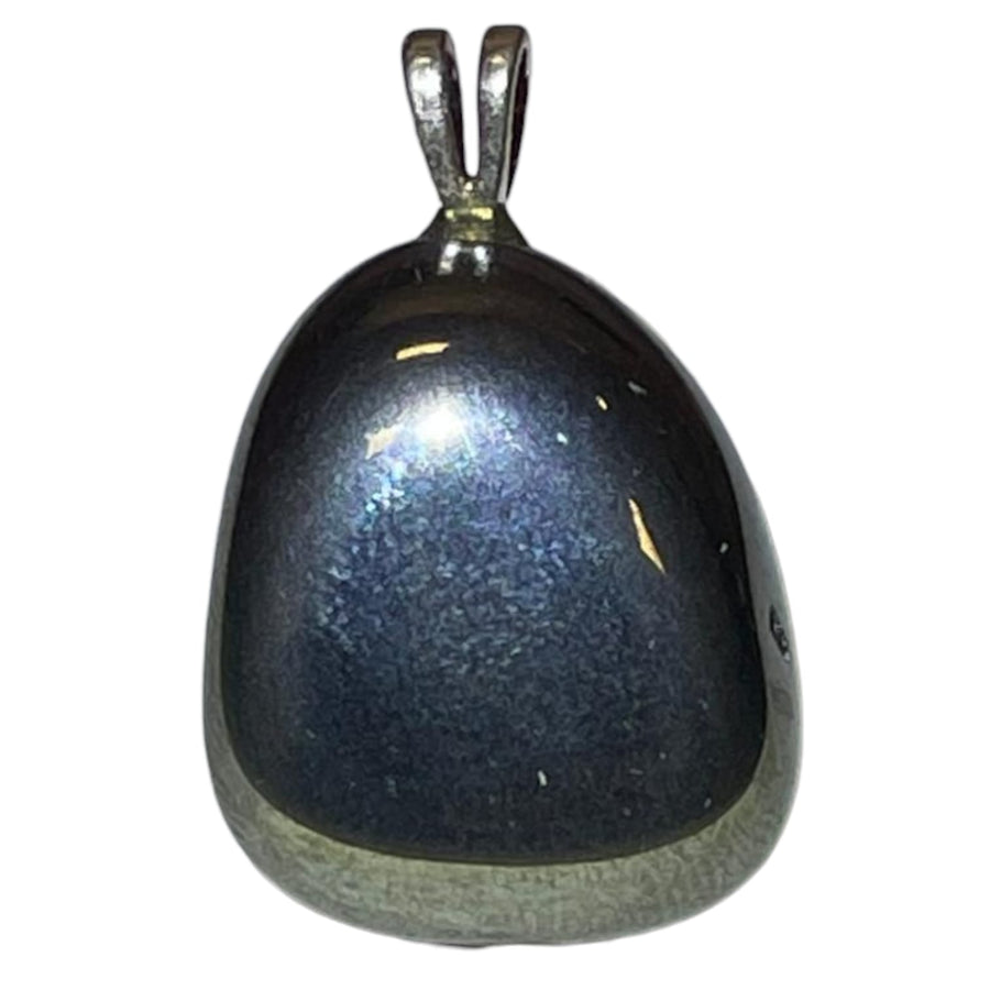 Hematite pendant with polished gunmetal finish set in hallmarked sterling silver – crystal necklace for grounding, protection and mental clarity