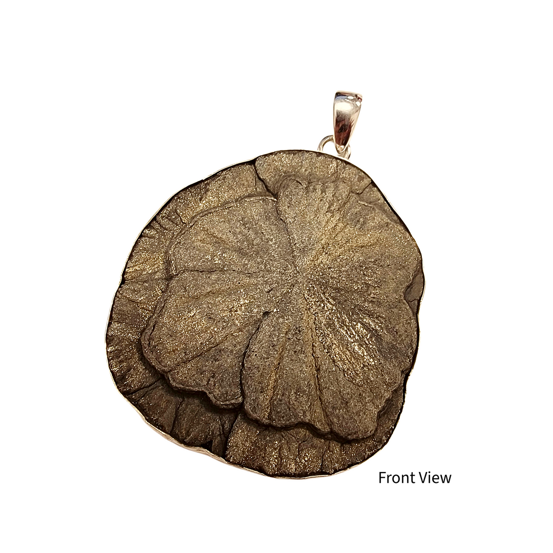 GeoFossils Sterling Silver Pyrite Sun Pendant – overhead front view showing golden metallic pyrite in sun design