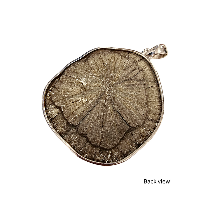GeoFossils Sterling Silver Pyrite Sun Pendant – overhead front view showing golden metallic pyrite in sun design