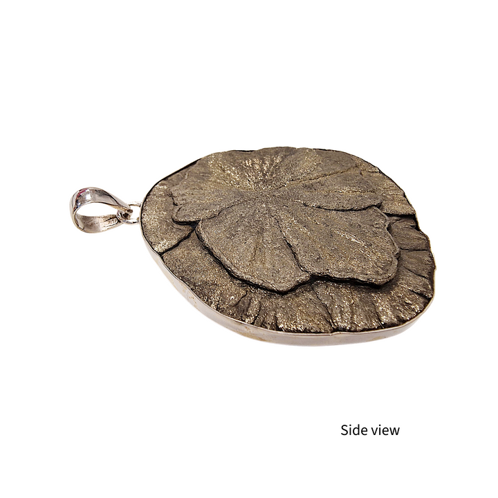 GeoFossils Pyrite Sun Pendant – back view of sterling silver setting with polished finish