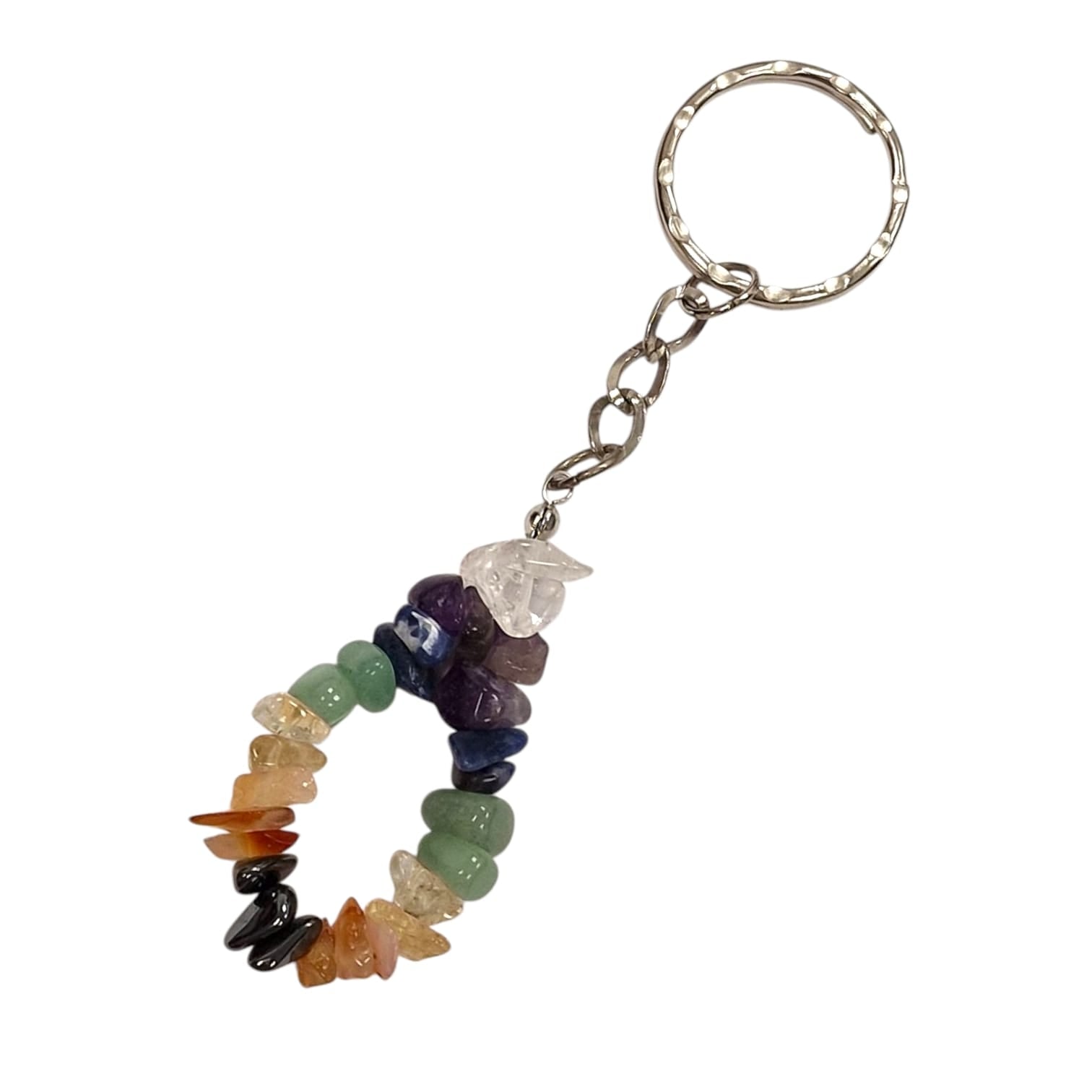 GeoFossils Chakra Chip Keyring in silver effect, featuring seven natural crystals for full chakra alignment and daily energy balance.