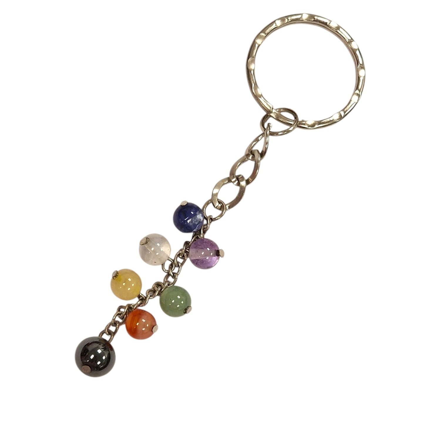 GeoFossils Chakra Keyring with polished round crystal beads in silver effect, supporting balance, protection, and chakra healing.