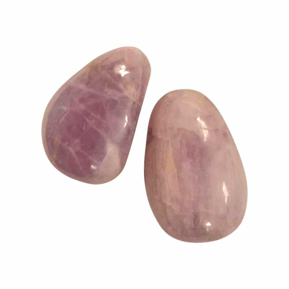 Kunzite drilled tumble stone pendant on a black cord – soft pink-lilac crystal for emotional healing, love and spiritual connection