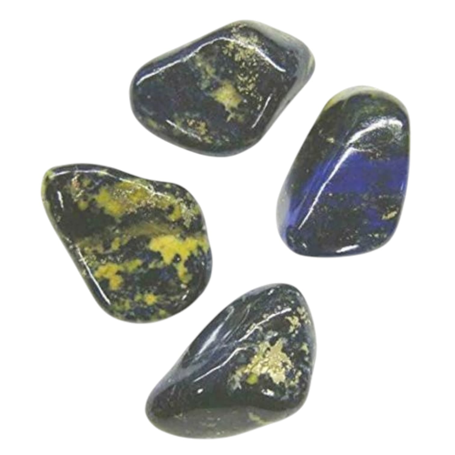GeoFossils Lapis Lazuli with Sulphur Tumble Stone, a deep blue and yellow crystal for intuition, purification, and emotional healing.