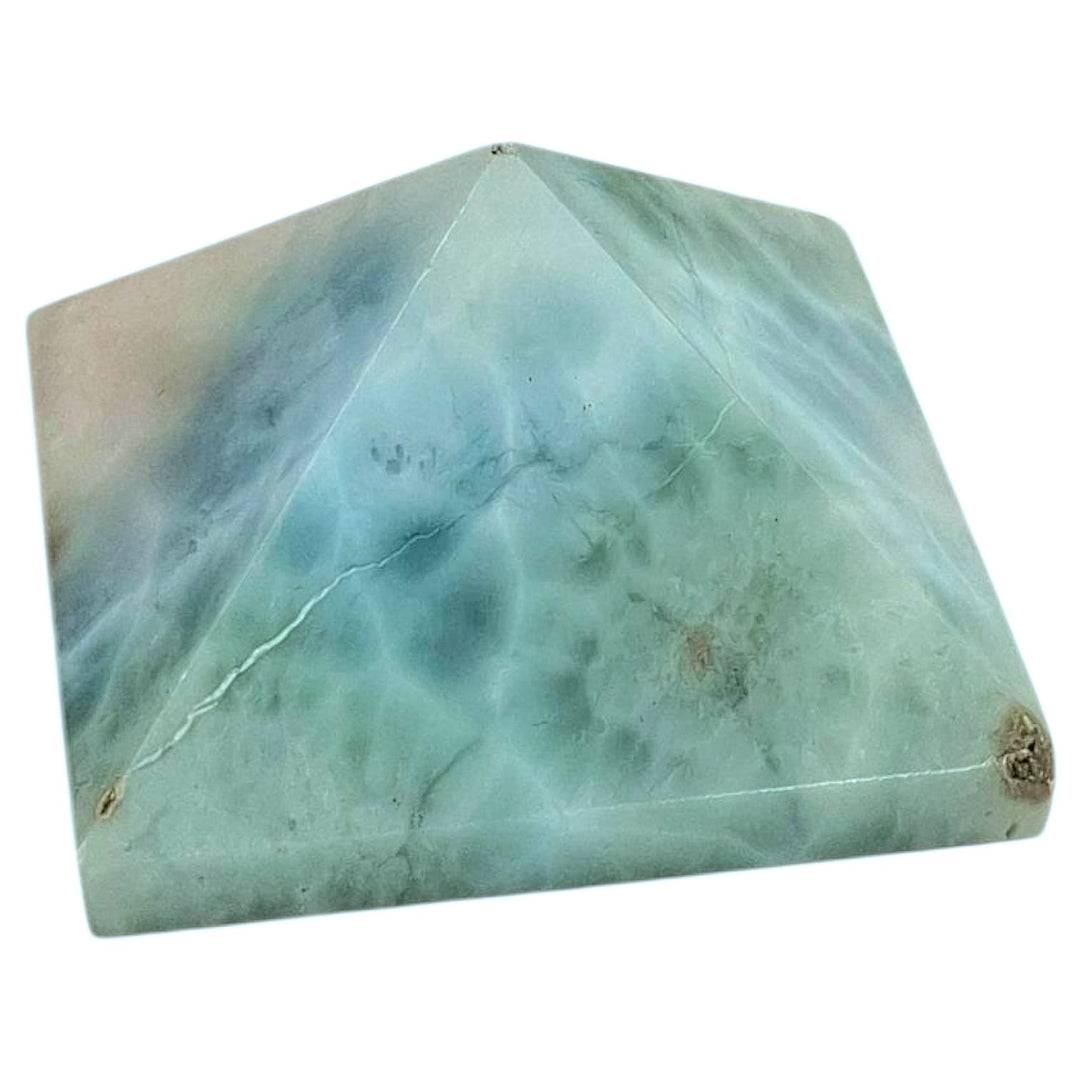 Larimar pyramid with polished blue surface and white marbling – spiritual energy tool