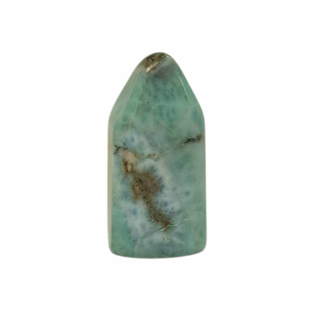 Larimar Tower 24mm – polished Dolphin Stone point with soft ocean-blue tones for healing energy and meditation