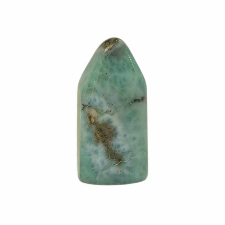 Larimar Tower 24mm – polished Dolphin Stone point with soft ocean-blue tones for healing energy and meditation