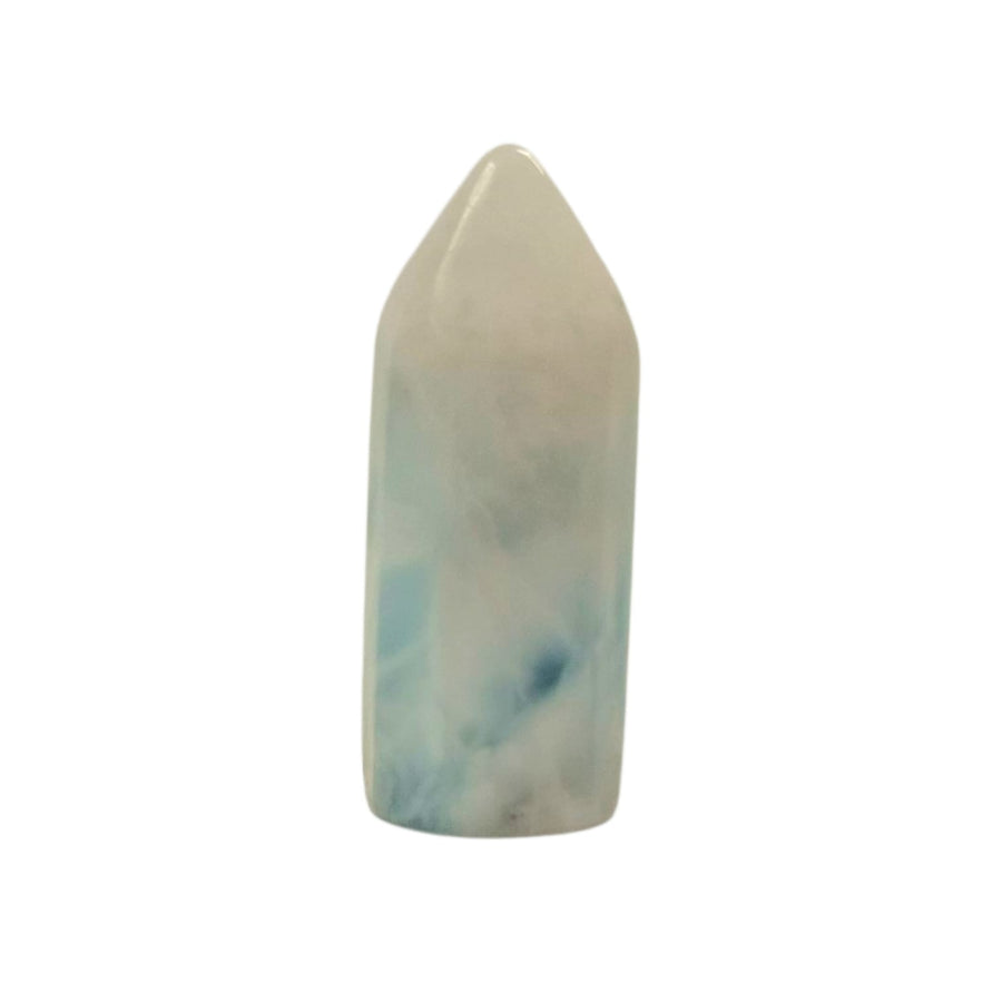 Larimar Tower 28mm – polished Dolphin Stone point with ocean-inspired blue marbling for calm energy and spiritual alignment