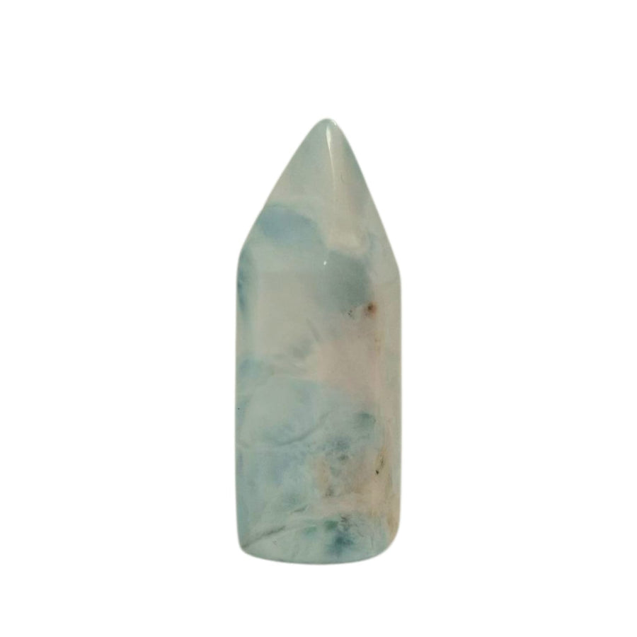 Larimar Tower 29mm – polished Dolphin Stone with ocean-blue marbling for calm and spiritual energy