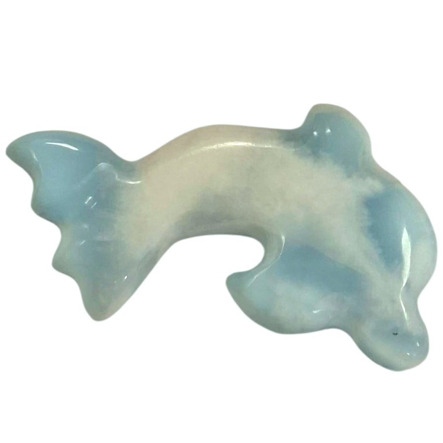Light Blue Larimar Dolphin carving with polished ocean hues – symbol of joy, harmony, and communication