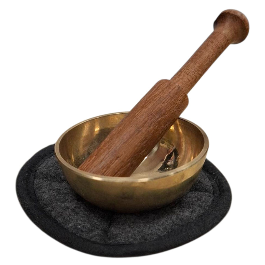 Machine-made mini singing bowl with striker and cushion, ideal for sound healing, meditation, and ritual energy work