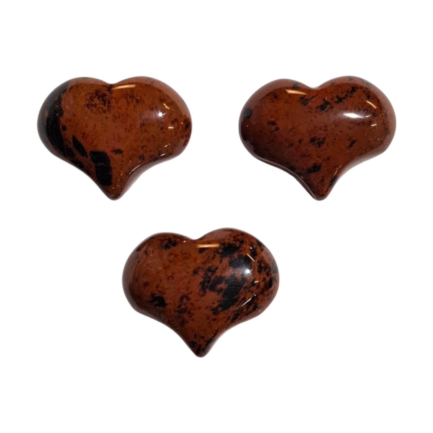 A small, polished puff heart crafted by GeoFossils from mahogany obsidian, showcasing deep reddish-brown and black hues with a natural, speckled pattern. The heart has a smooth, rounded shape, highlighting the warm, earthy tones and unique marbling of the stone. The bold, grounding appearance of the mahogany obsidian heart evokes a sense of strength, protection, and resilience.