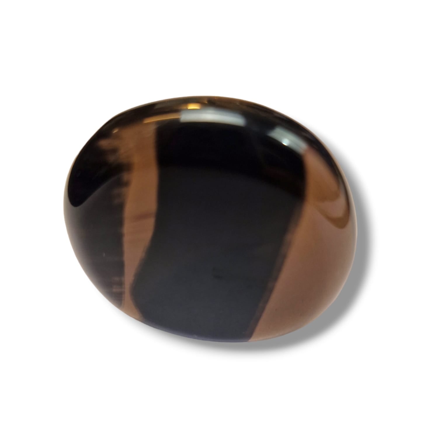 Midnight Lace Obsidian Palm Stone by GeoFossils – smooth, polished stone with black and translucent layers, perfect for grounding, protection, and connecting with the Root and Third Eye Chakras, associated with the Earth element.