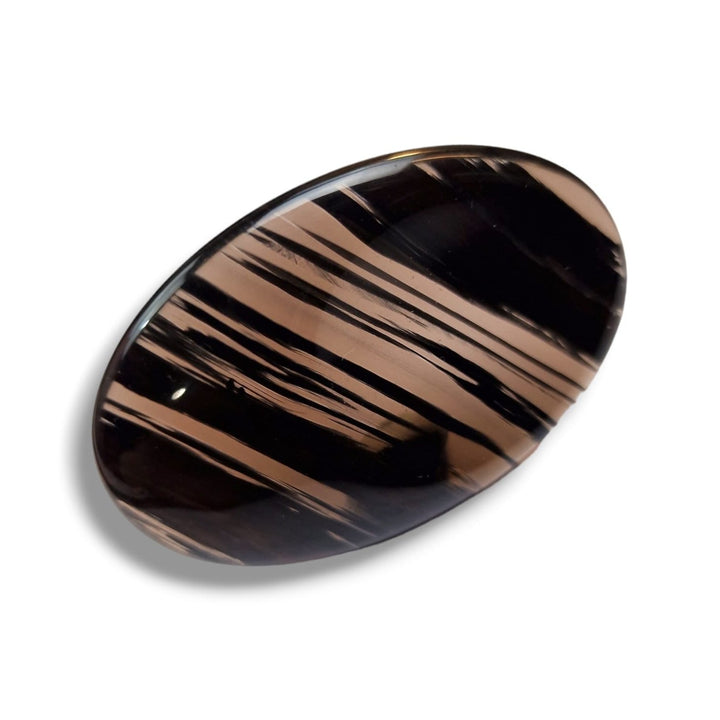 Midnight Lace Obsidian Thumb Stone by GeoFossils – smooth, dark oval stone with delicate lace-like patterns, perfect for grounding, protection, and connecting with the Root Chakra, associated with the Earth element.