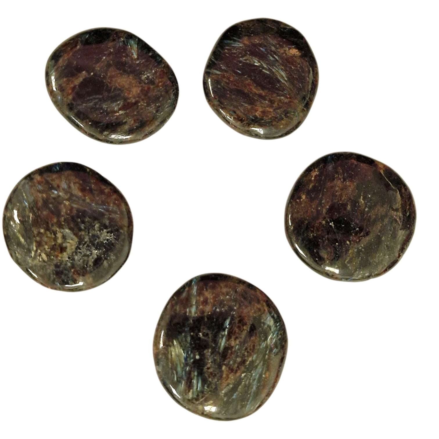 GeoFossils Astrophyllite Palm Stone, a polished crystal with golden starbursts for spiritual growth, self-illumination, and transformation.