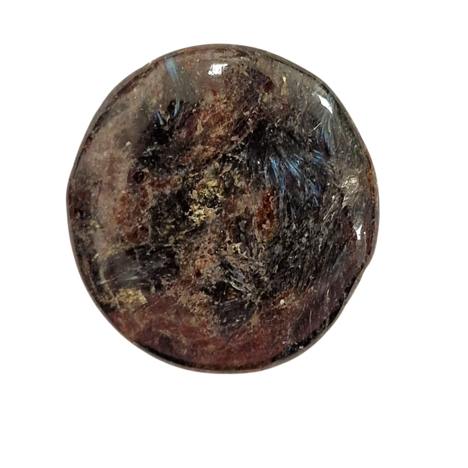 GeoFossils Astrophyllite Palm Stone, a polished crystal with golden starbursts for spiritual growth, self-illumination, and transformation.