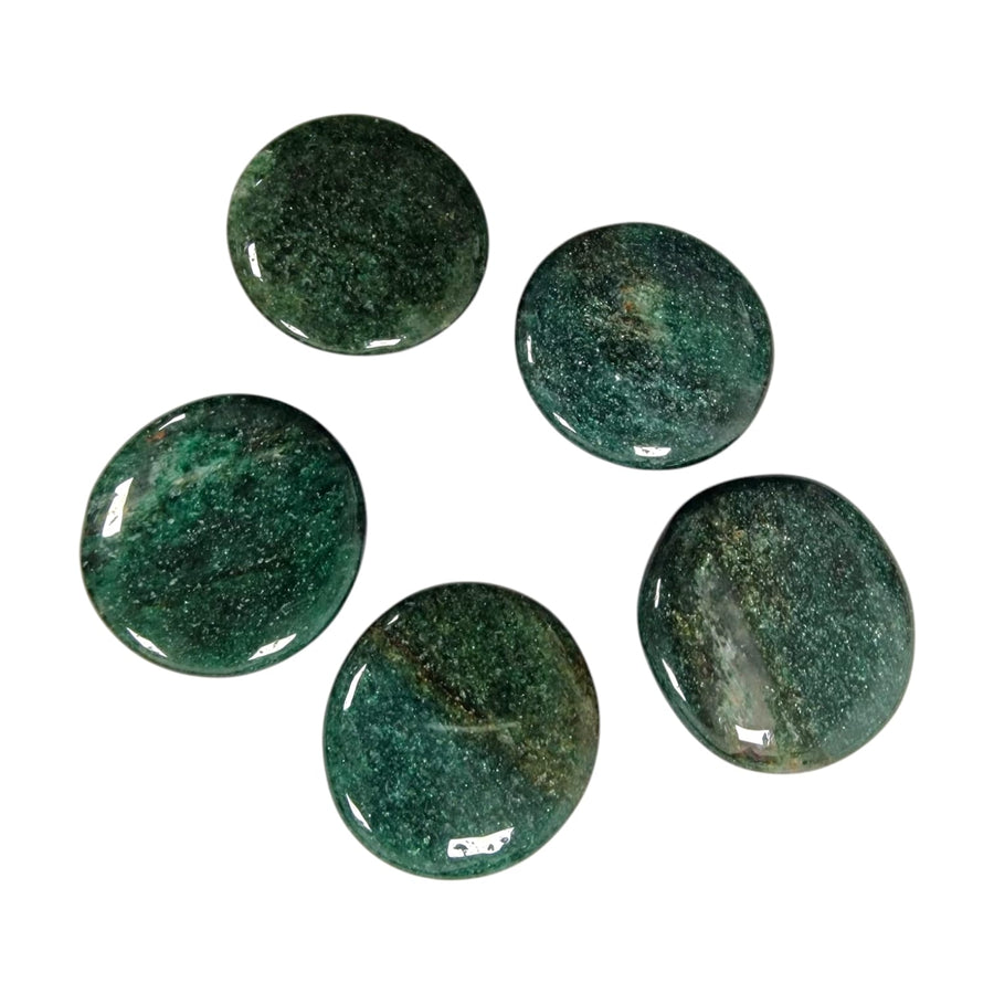 GeoFossils Fuchsite Palm Stone, a sparkling green crystal for emotional healing, self-care, and heart-centred energy.